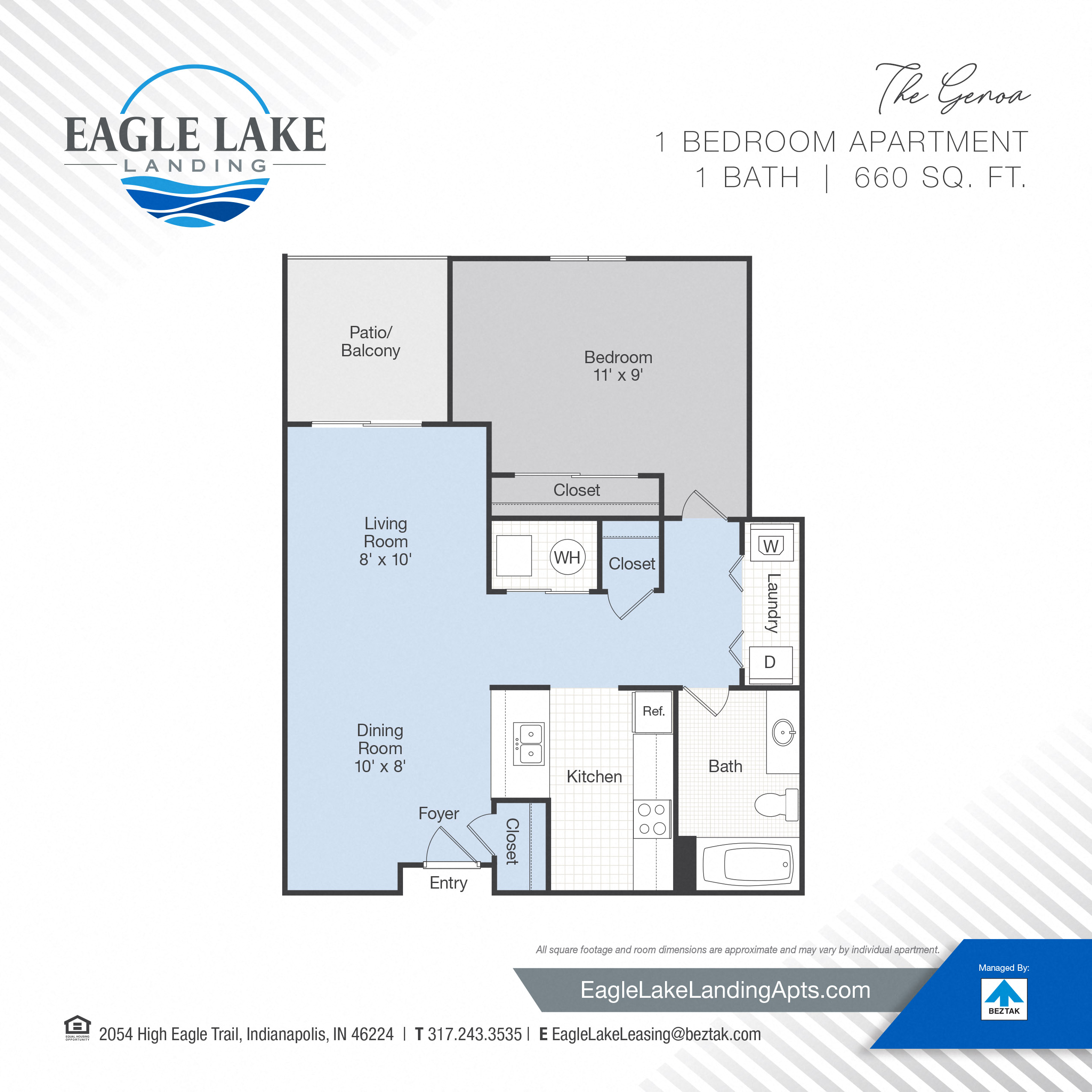 Floor plan for 1 bed, 1 bath, 660 sqft